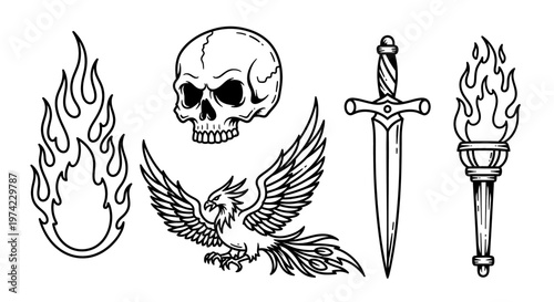 Tattoo designs of skull and flame.