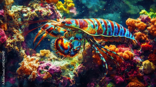 Vibrant Mantis Shrimp Among Colorful Coral Reefs