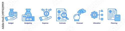 Budget Planning web banner icon vector illustration with icons of Budget,Budgeting,Expense,Estimate,Forecast,Allocation and Planning