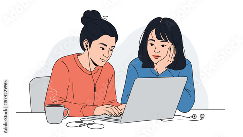 Two young female students collaborating on research project using laptop while sharing ideas and drinking coffee at home.