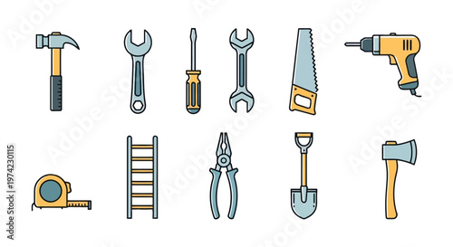 Collection of construction and hand tool icons featuring hammer wrench drill saw shovel and pliers construction screwdriver maintenance equipment professional workshop carpentry building