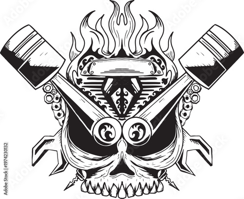 Flaming Skull with Crossed Pistons Vector Illustration
