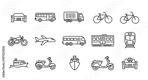 Set of transportation outline icons featuring car bus truck bicycle motorcycle airplane train boat scooter and taxi transportation transport motorcycle airplane shipping mobility logistics
