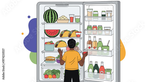 Young man looking for a snack inside a large refrigerator stocked with various fresh fruits, vegetables, tacos, and beverages.