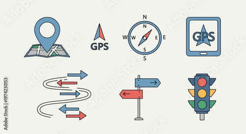 Navigation and gps location icon set with map pointer compass traffic light and directional road signs navigation location direction signpost destination tracking orientation geography