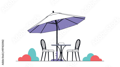 Relaxing outdoor cafe setting featuring a small round table with two chairs under a large purple sun umbrella against a white background.