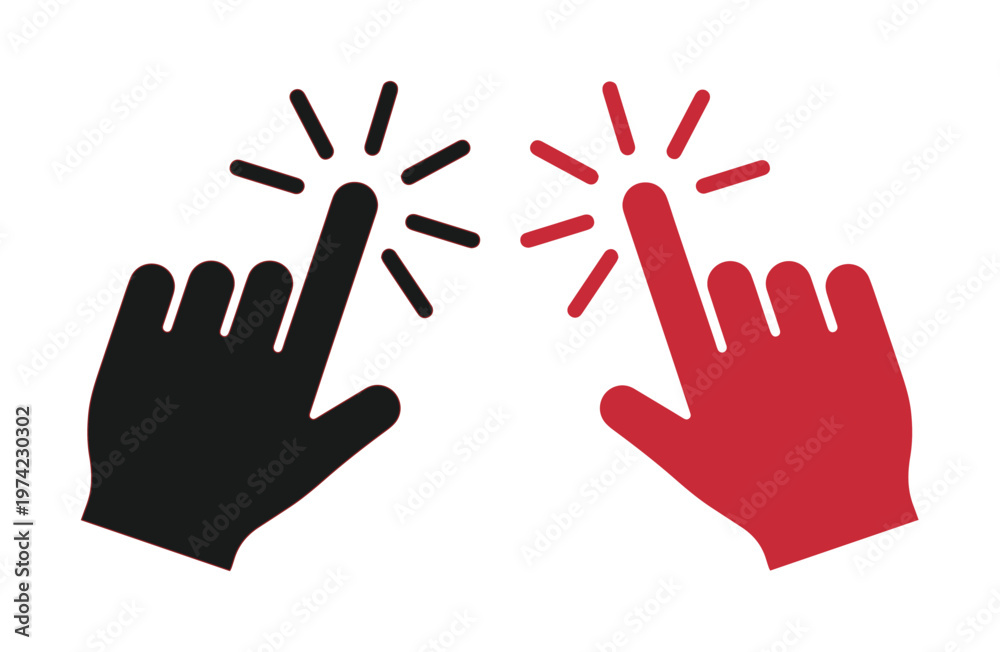 Fototapeta premium Minimalist hand cursor icons in black and red, clicking finger pointer vector, interactive touch screen gesture symbols for web design