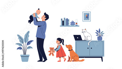 Happy family spending quality time in their living room with a father playing with his baby while a young girl plays with her pets.
