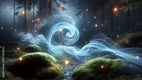 Close up video of glowing blue light ribbon swirling above mossy forest floor at night showing magical energy and abstract natural illumination