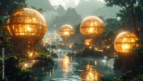 Futuristic city amidst lush rainforest, featuring glowing orb-like structures reflected in a calm lake with verdant hills in the distance