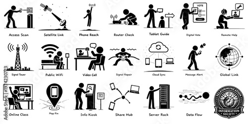 電気通信と情報社会を表すピクトグラムセット（通信・ネットワーク・デジタル生活）、Pictogram Set of Telecommunication and Information Society (Network, Digital Life, Connectivity)
