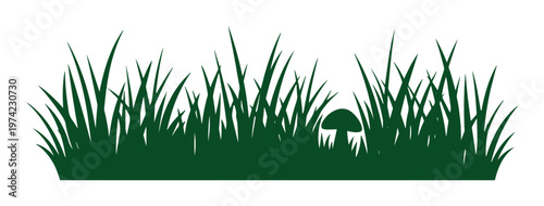 Dark green grass silhouette with small mushroom, wild meadow lawn border vector, organic garden turf edge for landscape design and nature backgrounds