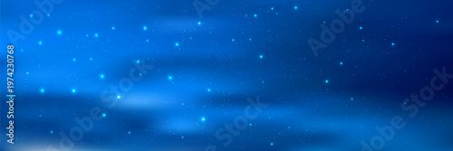 Blue gradient sky background with pastel clouds and sparkling stars creates dreamy sunset atmosphere. Soft fairy-tale backdrop with glitter effect and gentle color transitions.