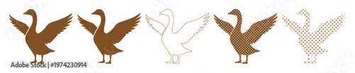 Vintage goose silhouettes in brown and white, set of 5 waterfowl vector icons with wings spread, rustic farm animal illustrations for logo design