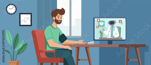 Illustration of a man checking blood pressure at home during an online telemedicine consultation with robot virtual doctor on a computer screen, symbolizing modern digital healthcare solutions.