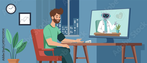 Illustration of a man checking blood pressure at home during an online telemedicine consultation with robot virtual doctor on a computer screen, symbolizing modern digital healthcare solutions.