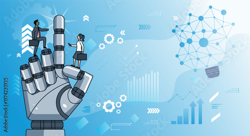 Collaboration of human and modern technology. Futuristic robotic hand with points upward, surrounded by floating tech icons like gears, brain, chart, rocket. People runs up on robot hand.