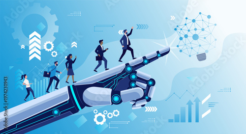 Collaboration of human and modern technology. Futuristic robotic hand with points upward, surrounded by floating tech icons like gears, brain, chart, rocket. People runs up on robot hand.