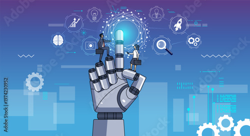 Collaboration of human and modern technology. Futuristic robotic hand with points upward, surrounded by floating tech icons like gears, brain, chart, rocket. People runs up on robot hand.