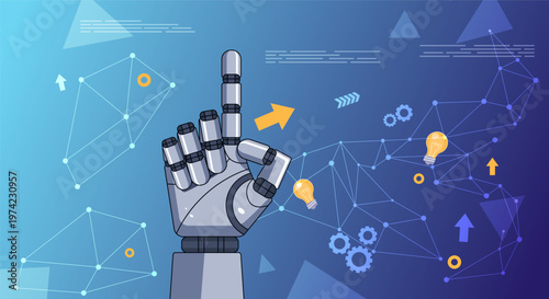 Futuristic blue technology robot hand points upward on HUD digital display. Futuristic robotic hand, surrounded by floating tech icons like gears, brain, chart, rocket.