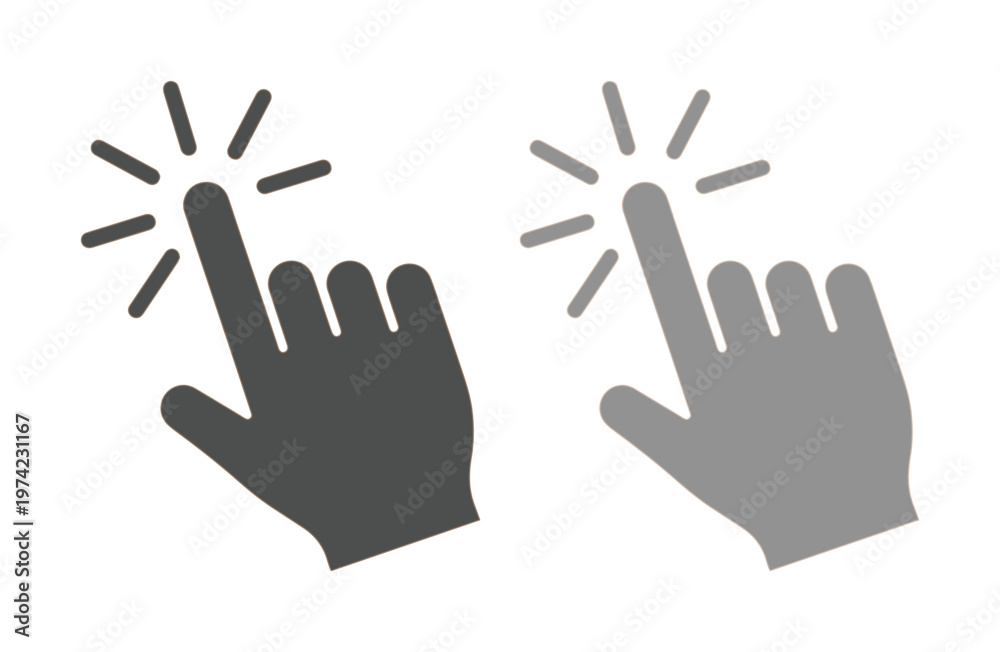 Obraz premium Minimalist hand cursor icons, black and gray finger click pointer symbols, flat vector set for website navigation and digital interface design