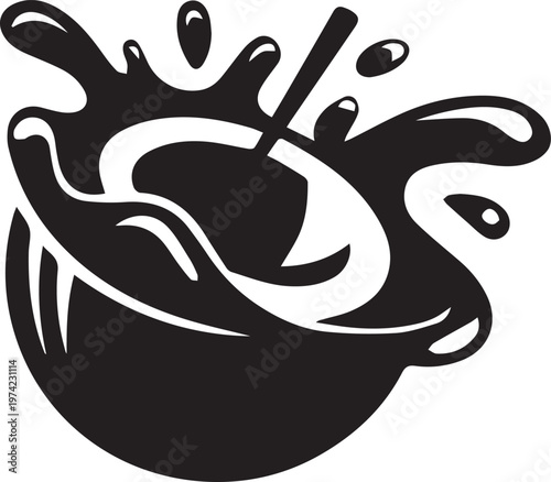 Whimsical black and white illustration of a bowl of food being stirred with a spoon, creating a splash