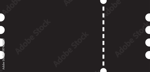 High contrast black ticket silhouette featuring standard notches and a vertical dashed perforation. Optimized for overlays, mockups, or dark mode interface elements.