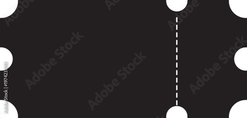 High contrast black ticket silhouette featuring standard notches and a vertical dashed perforation. Optimized for overlays, mockups, or dark mode interface elements.