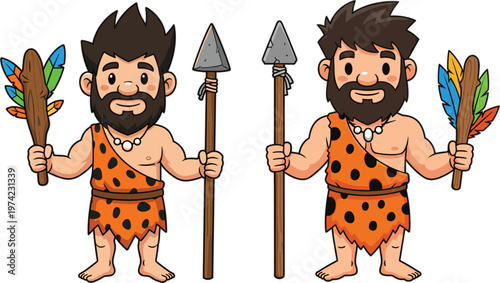 Cute cartoon caveman character holding spear and wooden club collection for prehistoric stone age history