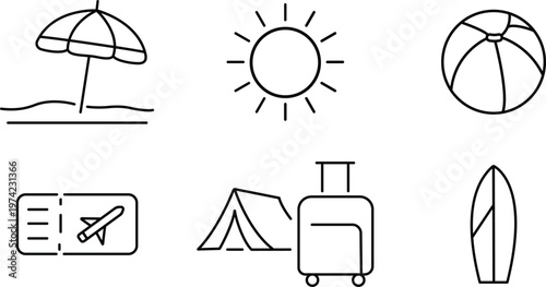 Summer vacation icons beach essentials and travel gear in a minimalist line art style