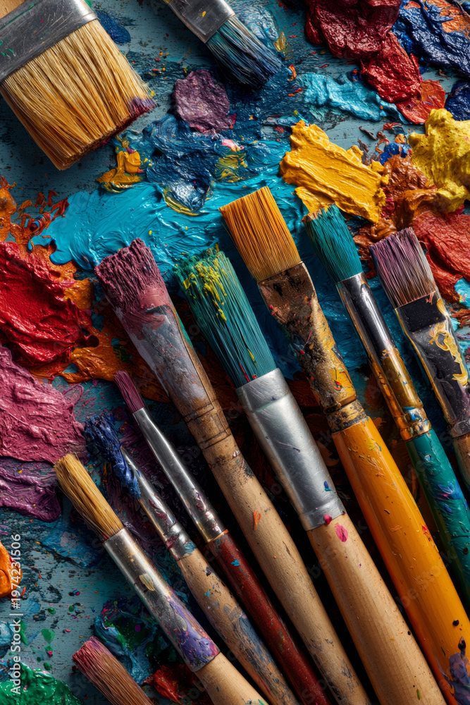 Obraz premium A variety of artist paintbrushes lined up on a textured surface, surrounded by colorful paint splatters and remnants, showcasing an artistic workspace