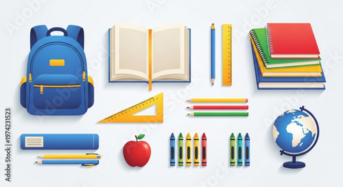 A colorful illustration of various school supplies and educational icons arranged neatly on a plain background