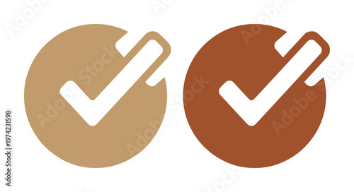 Minimalist check mark icons in earth tones, brown and tan tick symbols inside circles, flat vector checkmark set for web interface and validation