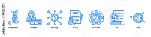 Investment Plan web banner icon vector illustration with icons of Investment,Investor,Funding,Loan,Cashflow,Roi and Fund