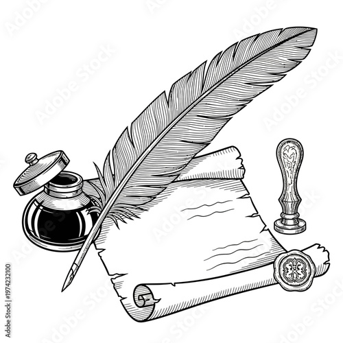 Vintage Quill Pen, Inkwell, Scroll Paper, and Wax Seal Stamp for Writing and Sealing