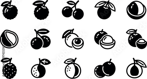 Black and white fruit cherries peaches