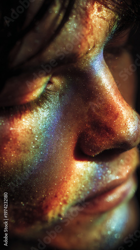 Close-up Cinematic Portrait of a Person with Rainbow Light Leak and Glitter Texture, Double Exposure Abstract Art. LGBTQ+. Pride.