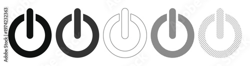 Minimalist power button icon set, 5 black and grey standby symbols, flat vector start and stop signs for interface design and technology apps