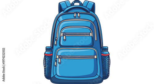 Blue school backpack with multiple pockets.