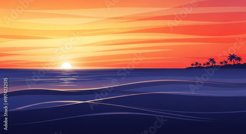 A serene beach scene at sunset with palm trees in the distance