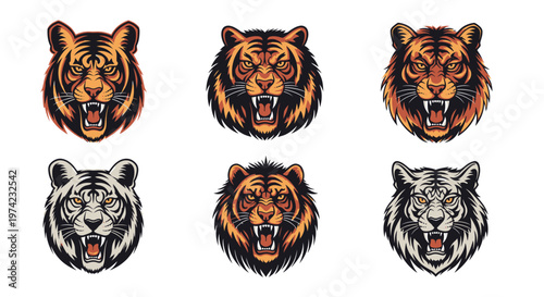 Collection of tiger and lion faces.