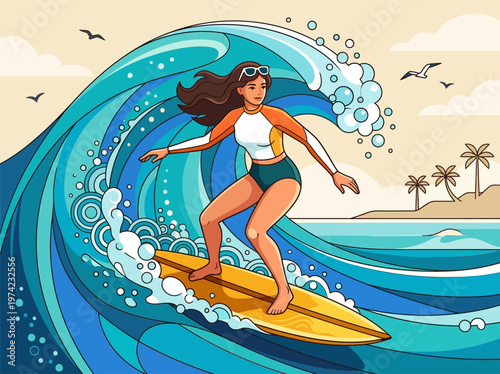 Young Woman Surfing on a Large Ocean Wave, Vector Illustration of Summer Beach Sports and Active Lifestyle Concept