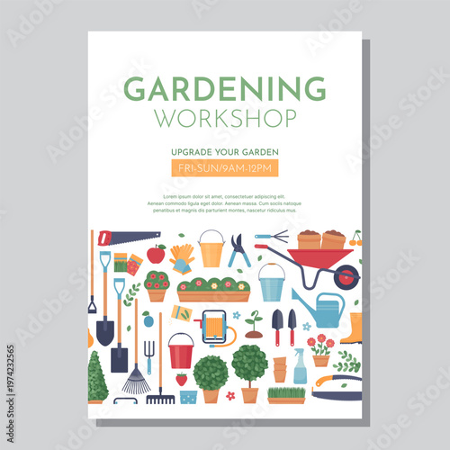 Gardening poster template. Banner with garden tools and copy space. Flyer with gardening instruments. Horticulture background. Vertical card layout. Vector illustration. Colorful flat design