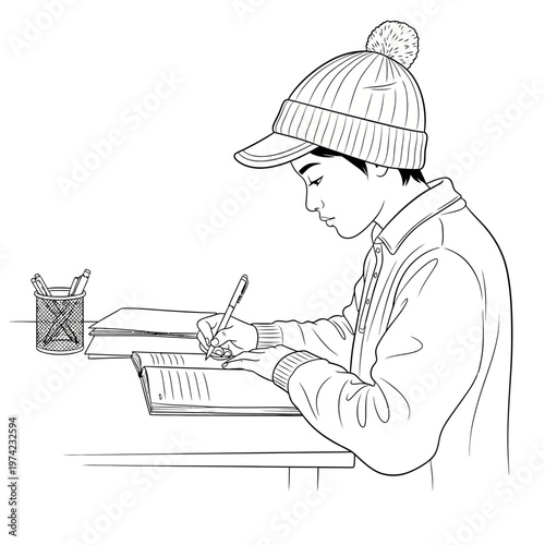 Young boy in winter hat writing in book at desk, focused study, education, schoolwork