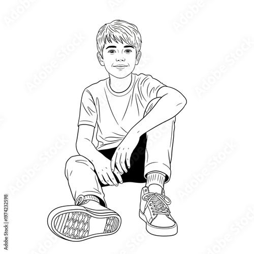 Young Boy Sitting Casually, Smiling, Full Body Shot, Line Art Style