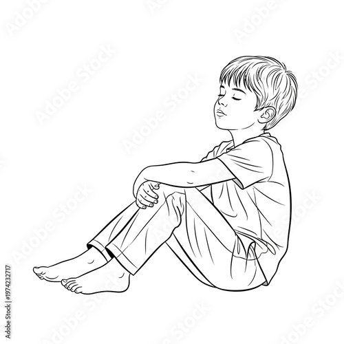 Young boy sitting with eyes closed, arms crossed, in a relaxed pose, black and white line drawing.