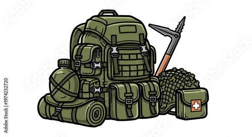 Green military backpack and gear.