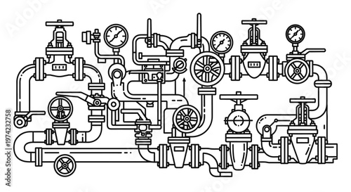 Industrial pipeline system with valves.