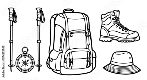 Hiking backpack and trekking accessories.