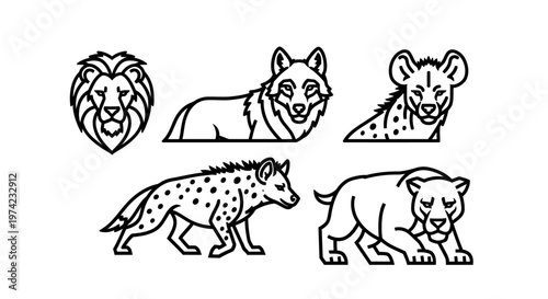 Spotted hyena and lion illustrations.